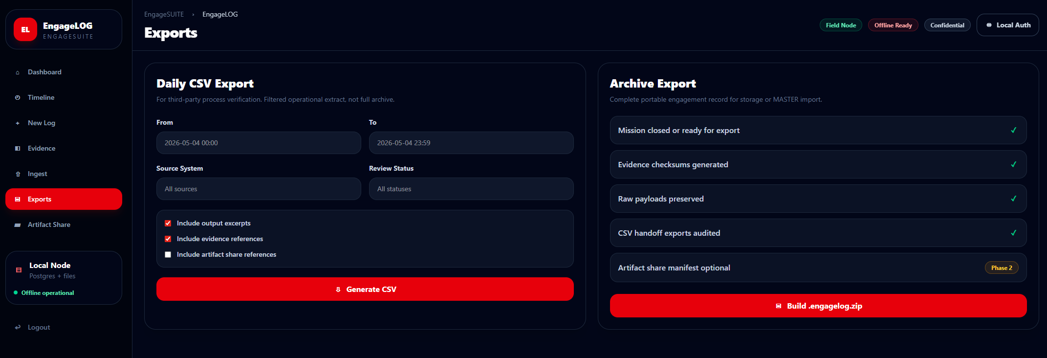 Exports screen